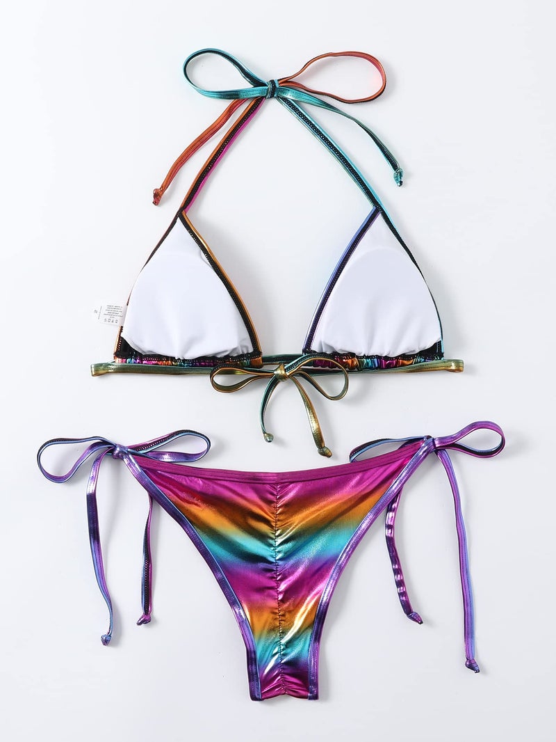 Balasami Women's Liquid Metallic Rainbow Bikini Sets Shiny String Padded Triangle 2 Pieces Swimsuit Set - Image 2